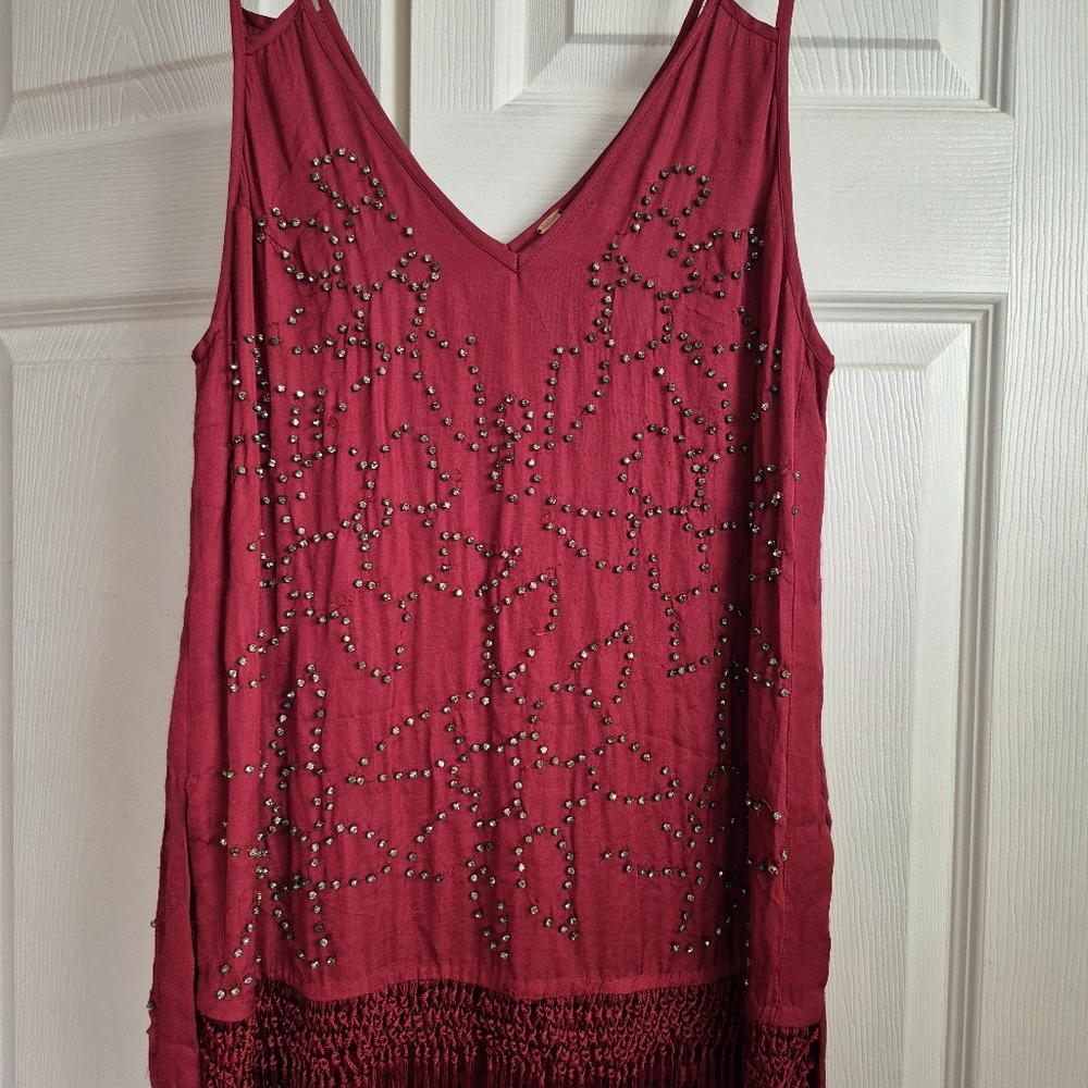 FREE PEOPLE Midnight Party Flapper Fringe Tunic Top Dress S Burgundy Boho Indie - Picture 11 of 16